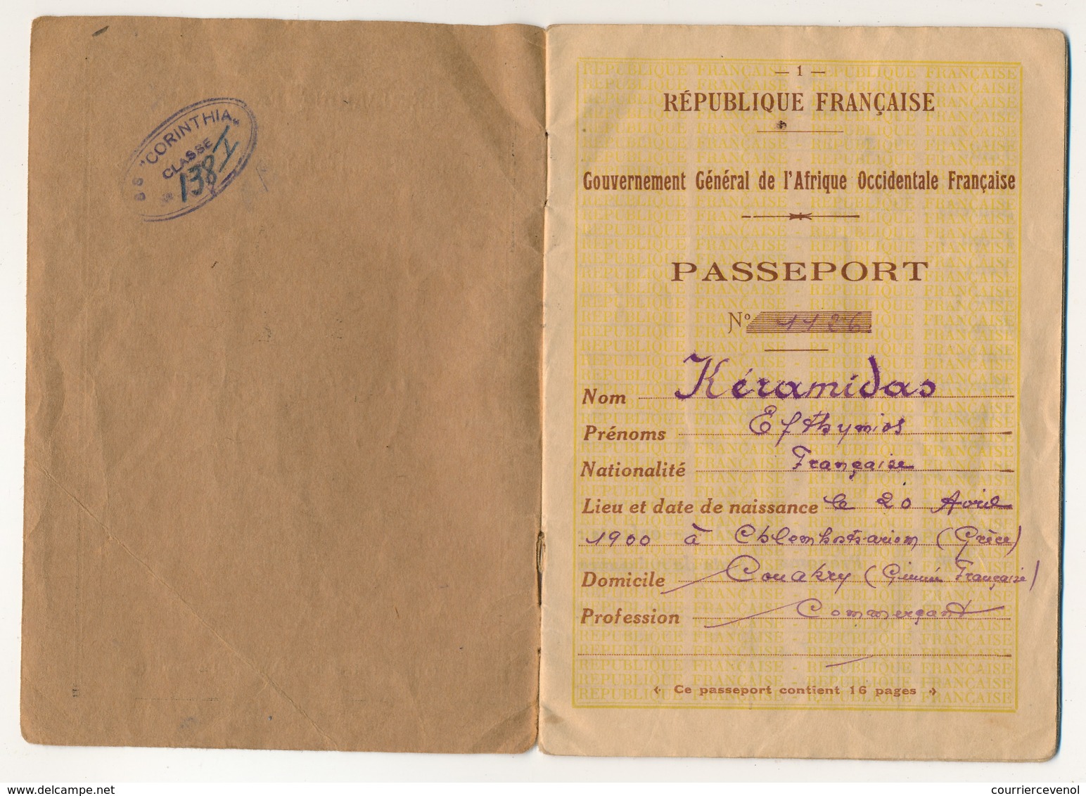 FRANCE / AOF / GRECE - Passeport Gouvernement Général AOF - Fiscaux Divers France Et Grèce, Dont Affaires étrangères - Autres & Non Classés
