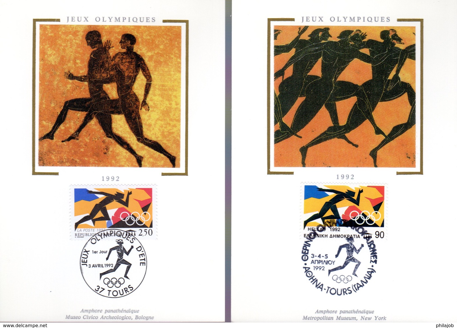 FRANCE - GRECE 1992 " J.O. DE BARCELONE " Sur 2 Cartes Maximum En Soie De 1992. N° YT 2745 + GRECE 1781. Parfait état CM - Emissions Communes