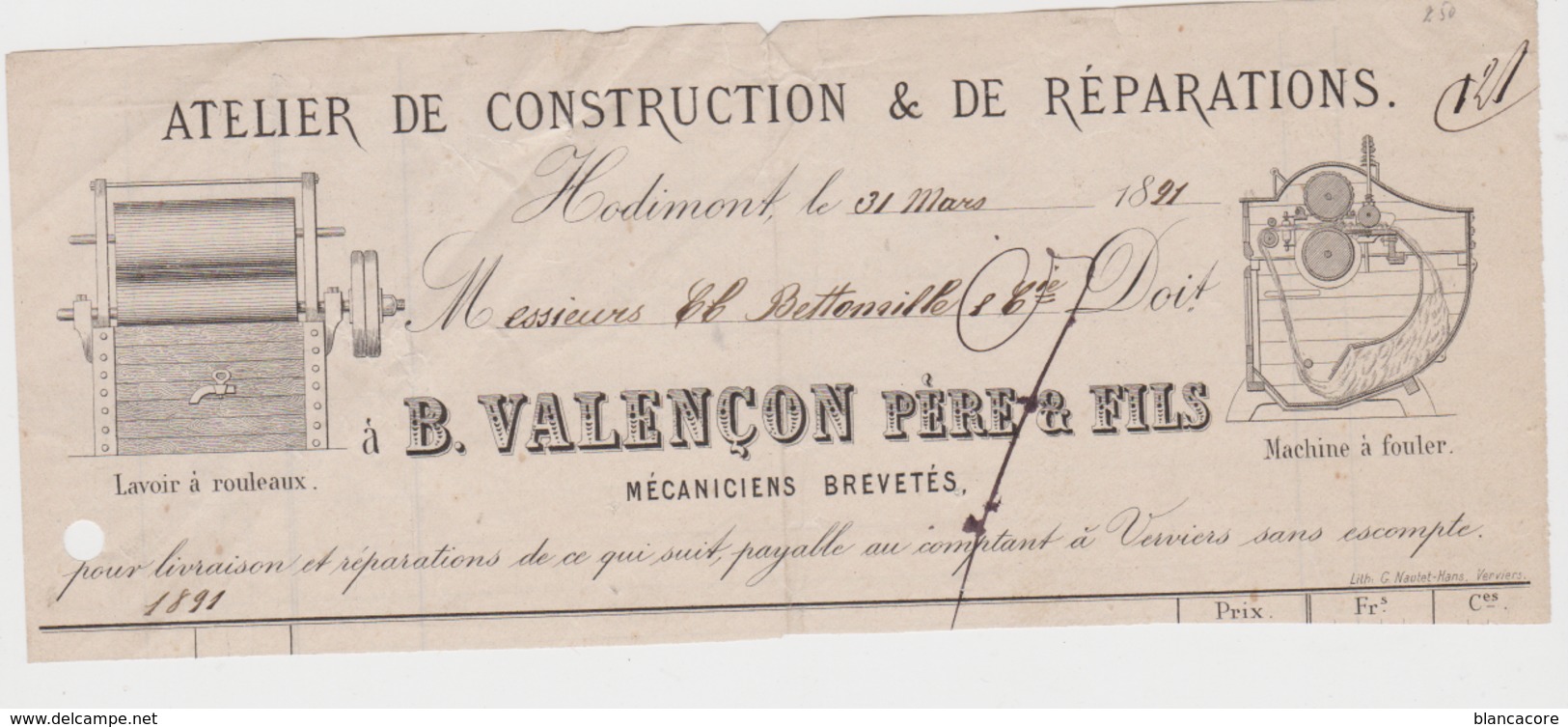 Hodimont Verviers 1891 Valençon Construction De Machines Pour Fabrique De  Draps étoffes & Laine - Vestiario & Tessile