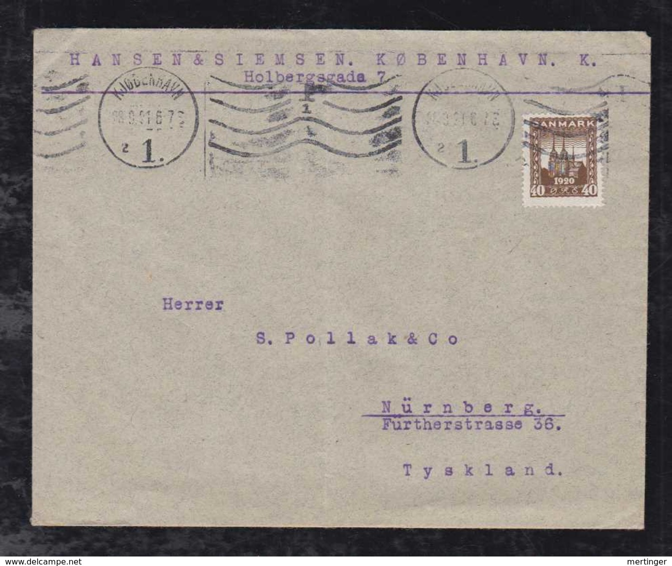 Dänemark Denmark 1921 Cover To NUERNBERG Germany 40 Oere Single Use - Storia Postale