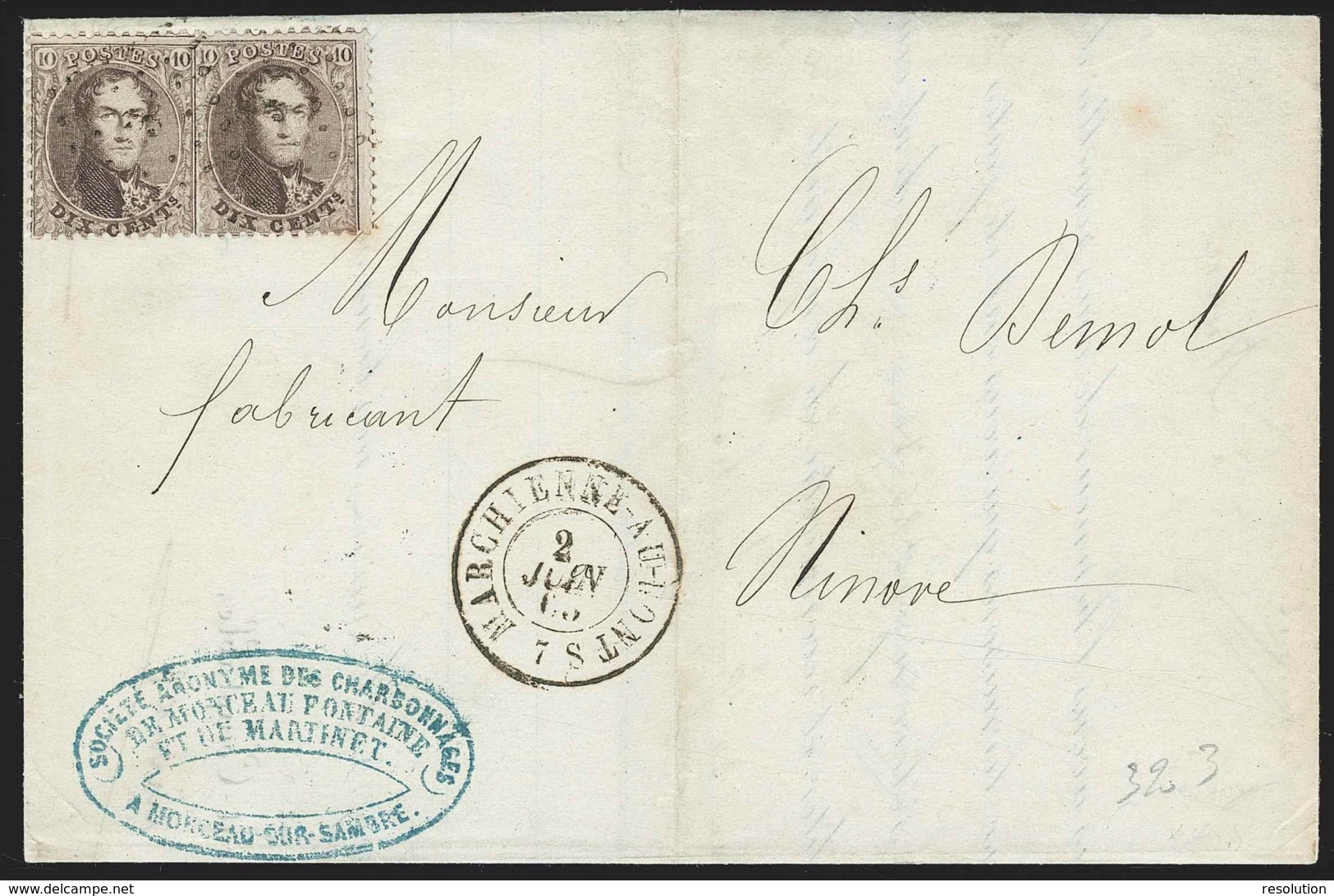 L Affr N°14 X2 Lpts 238 MARCHIENNE-AU-PONT/1865 Pour Ninove - 1863-1864 Médaillons (13/16)