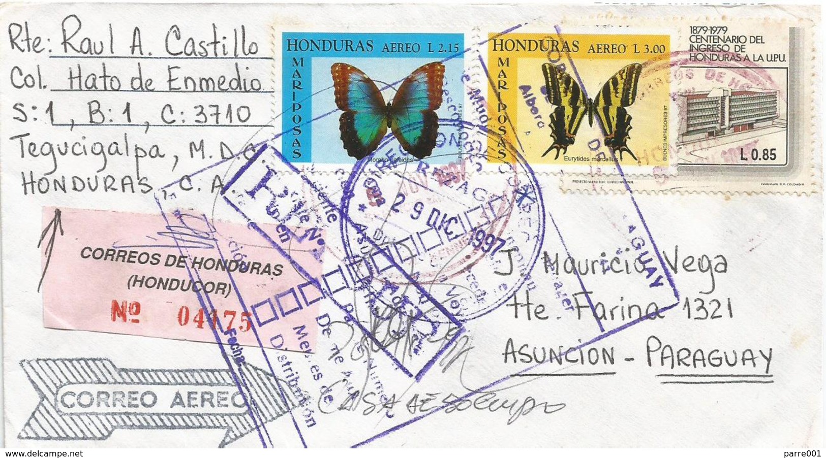 Honduras 1997 Tegucigalpa Butterfly Emperor Morpho Peleides Zebra Swallowtail Protographium Marcellus Registered Cover - Vlinders