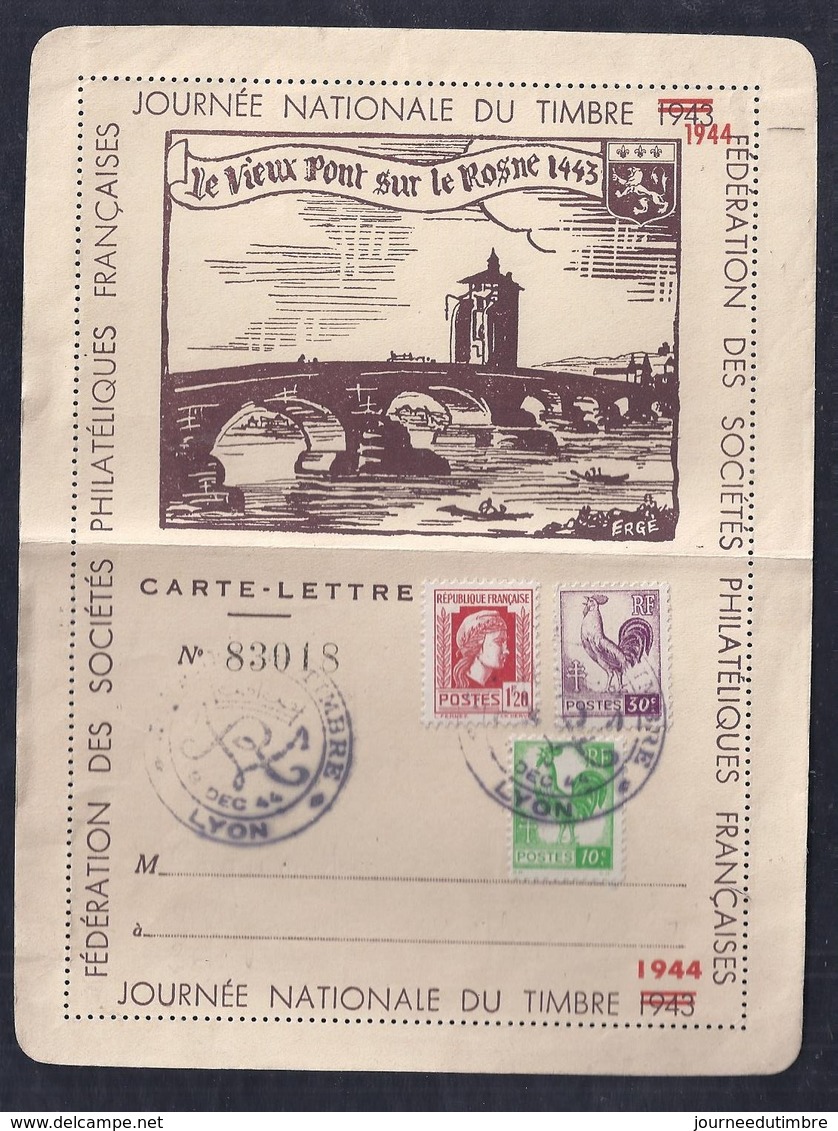 Carte Lettre Locale Journee Du Timbre 1944 Lyon Coq Marianne D'alger - Storia Postale