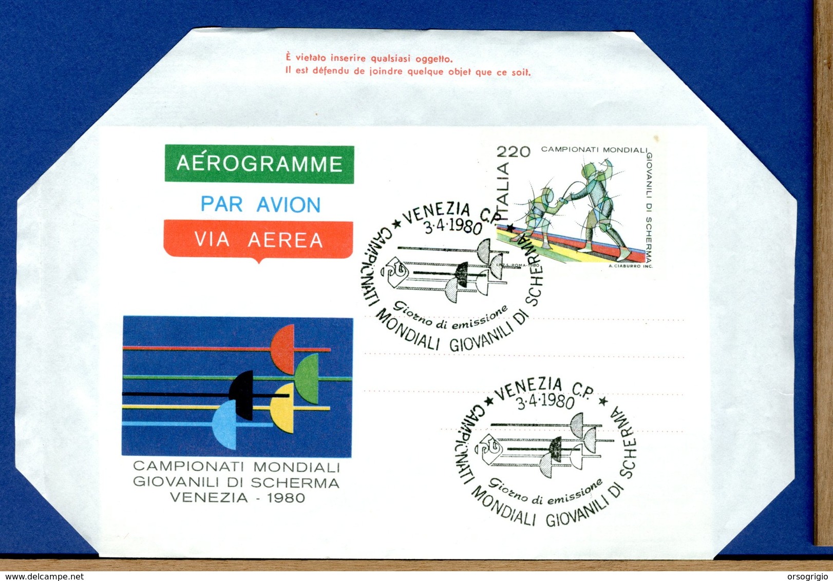 ITALIA - Aerogramma FDC  - CAMPIONATI MONDIALI GIOVANILI DI SCHERMA - VENEZIA 1980 - Interi Postali