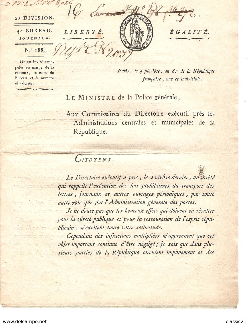 Lettre Ministère De La Police Générale 2°div.4°bureau Journaux Paris 4 Pluviôse An 6 (23/1/1798) Signé Sotin 1835 - Décrets & Lois