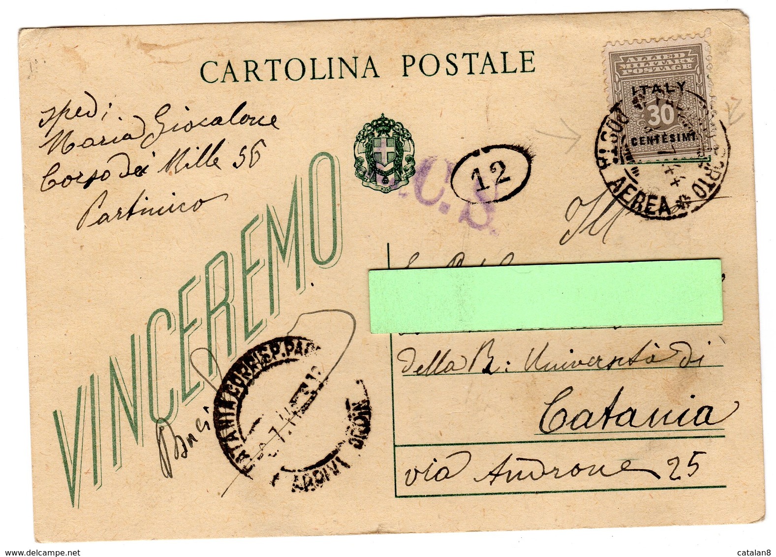 D0009 AMGOT C. 30 SU INTERO POSTALE VINCEREMO TIMBRO POSTA AEREA VIAGGIATA IN SICILIA - Storia Postale (Posta Aerea)