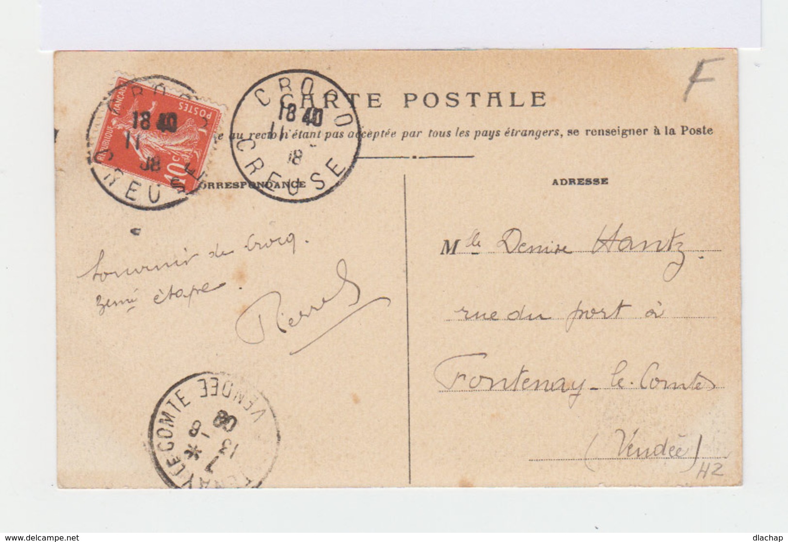 Sur Carte Postale De Crocq Type Semeuse 10 C. CAD Crocq Creuse 1918. CAD Destination Fontenay Le Comte. (2779) - 1877-1920: Période Semi Moderne
