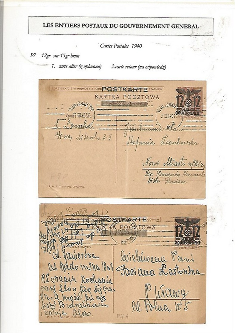 POLOGNE Collection Des Entiers Postaux Du Gouvernement Général U1 U2  P3/P13 (sauf P4) - Gouvernement Général