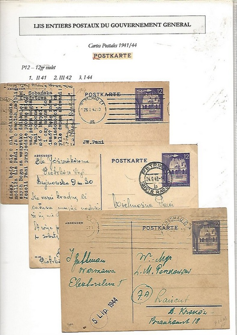 POLOGNE Collection des Entiers Postaux du Gouvernement Général U1 U2  P3/P13 (sauf P4)