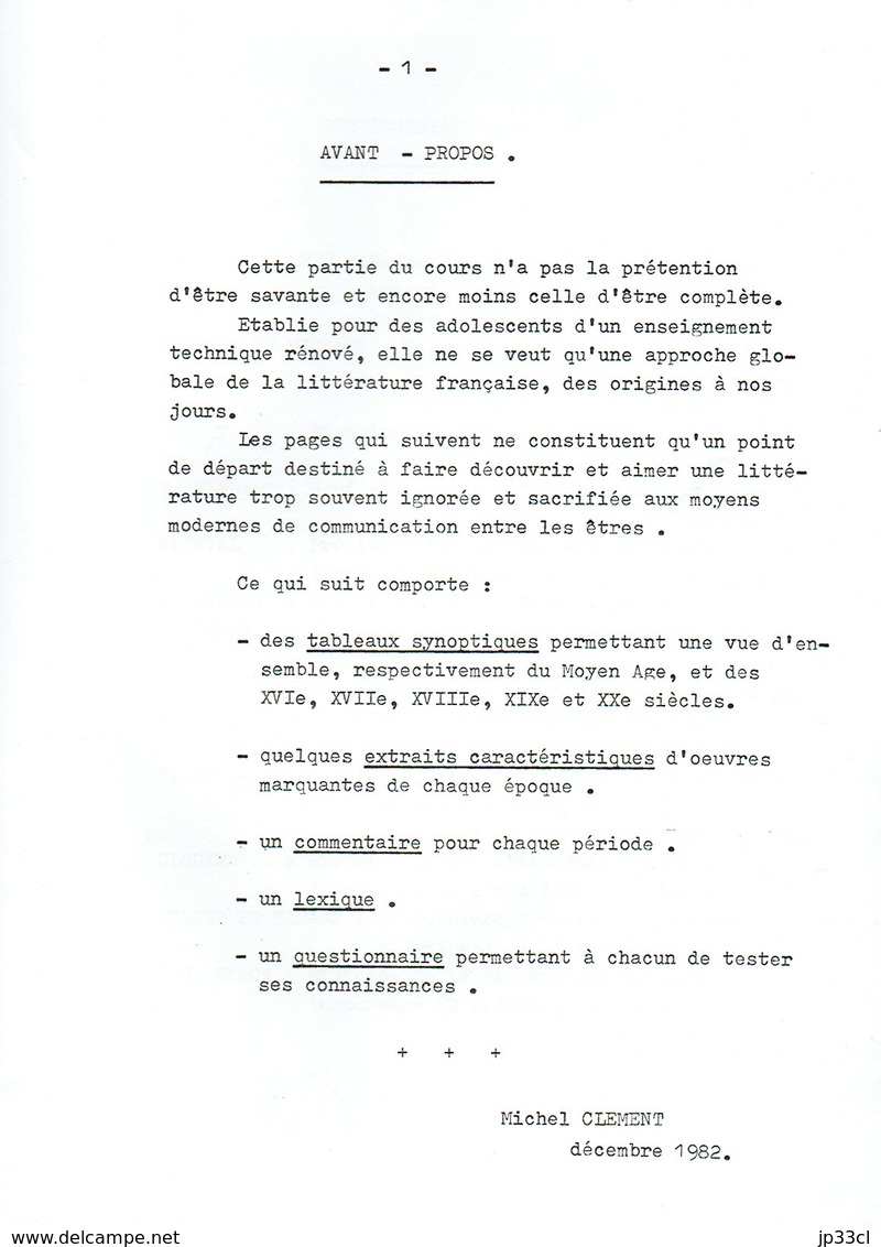 Ancien Manuel De Littérature Française, Par Michel Clément Arts Et Métiers Du Centre, La Louvière (1982, 56 Pages) - 12-18 Ans