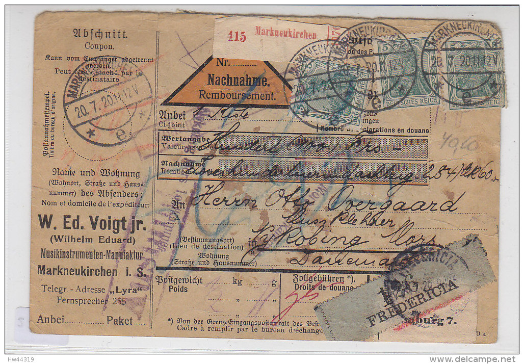 Paketkarte Aus Markneukirchen 20.7.20 Nach Nyköbing - Mors / Dänemark - Lettres & Documents