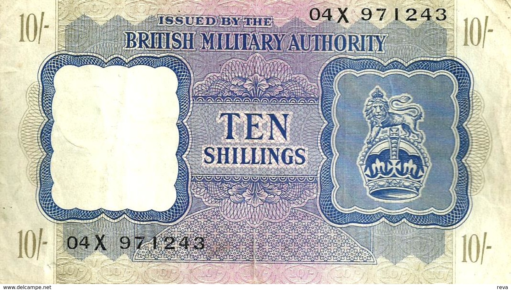 UNITED KINGDOM 10 SHILLINGS PURPLE LION EMBLEM FRONT & MOTIF BACK ND(1943) PM5 AVF READ DESCRIPTION !! - British Military Authority