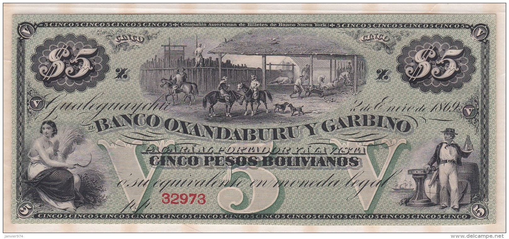 Banco Oxandaburu Y Garbino . 5 Pesos Bolivianos 1869 Alphabet-Série: 32973. - Argentinië