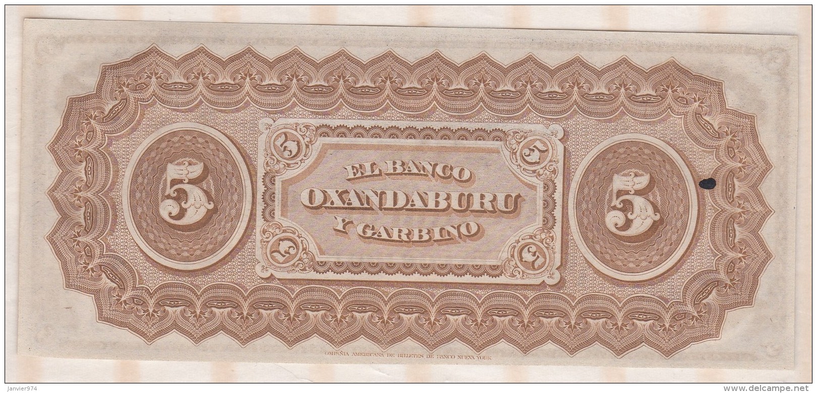 Banco Oxandaburu Y Garbino . 5 Pesos Bolivianos 1869 Alphabet-Série: 32973. - Argentina