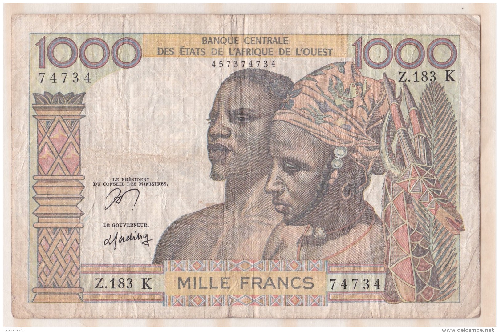 Billet BCEAO  1000 Francs  , Alphabet Z.183 K ,n° 74734 - États D'Afrique De L'Ouest