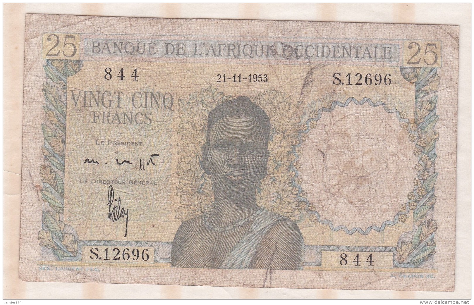 Banque De L&acute;Afrique Occidentale, 25 Francs Du 21 11 1953 , Alphabet S.12696 ,n° 844 - Autres - Afrique