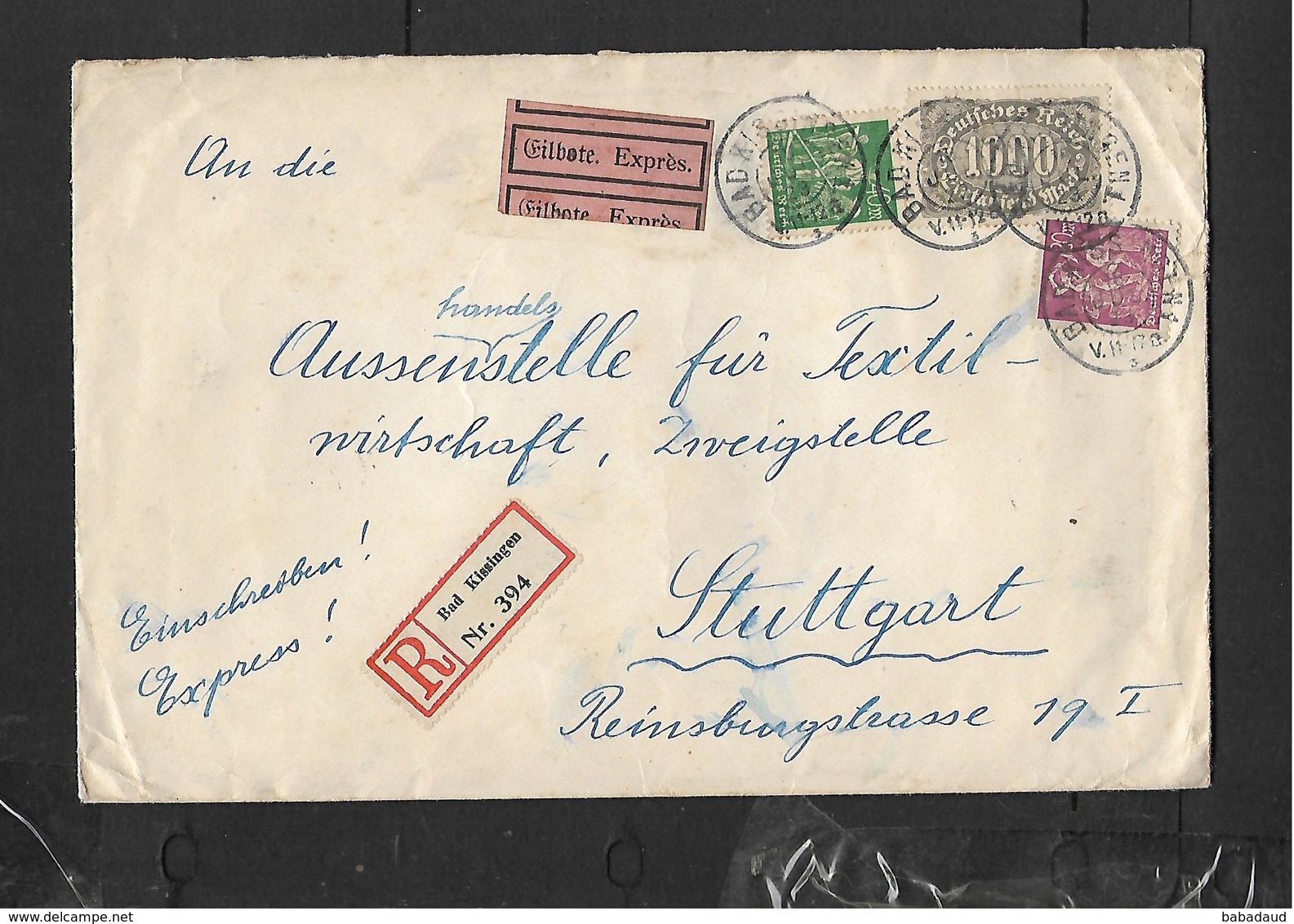 Germany Registered, Express, Franked 1060 Mk,  BAD KISSINGEN 18 JUL23 > STUTTGART 19 JUL 23 - Covers & Documents