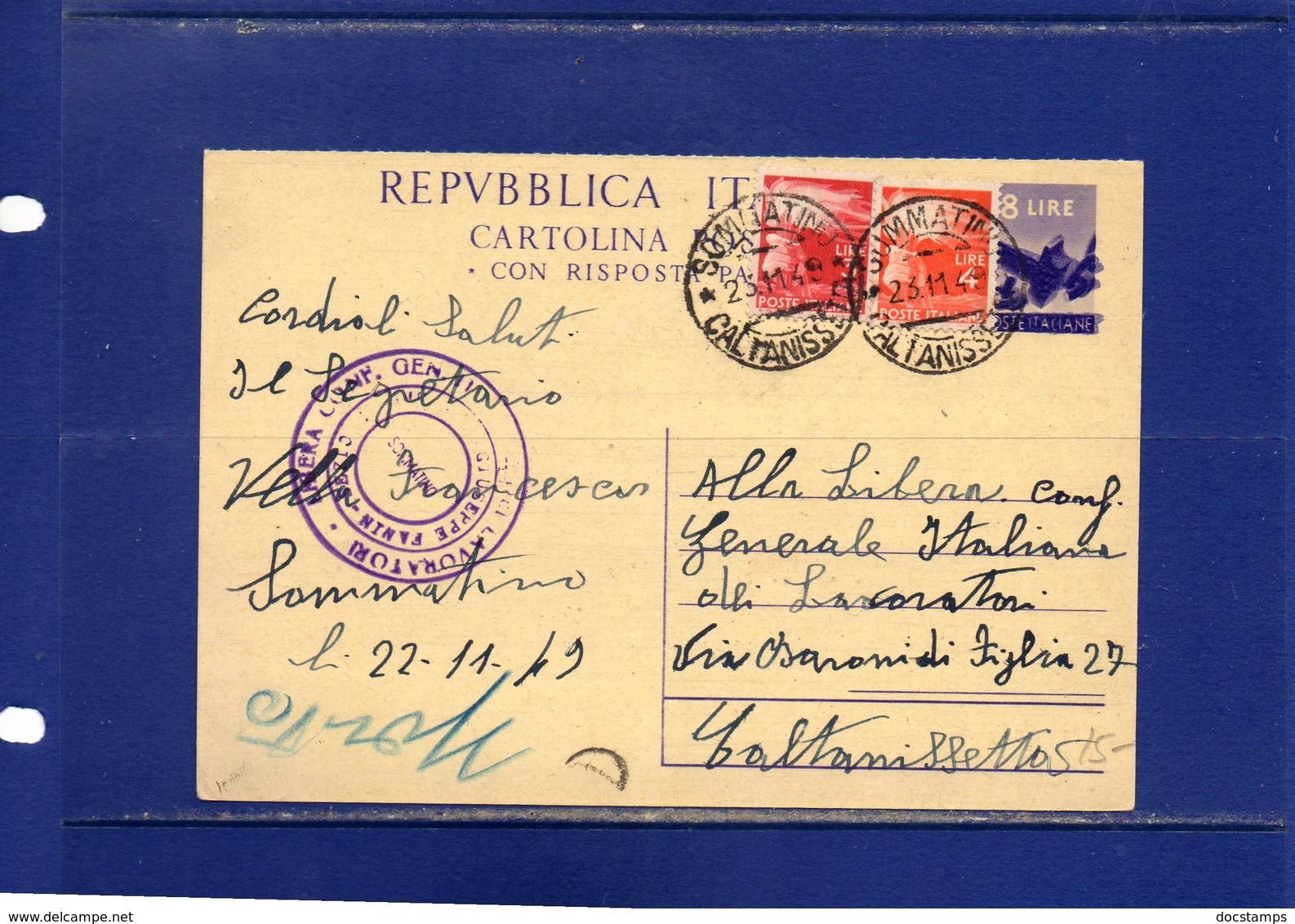 ##(DAN185)-1949-cartolina Postale Democratica L.8 Filagrano C134 Da  Sommatino Per Caltanissetta - 1946-60: Poststempel