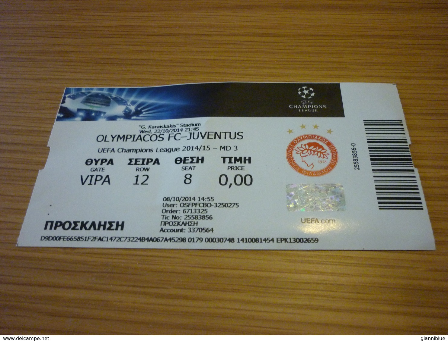 Olympiakos Olympiacos-Juventus UEFA Champions League Football Match Ticket Stub 22/10/2014 (hologram) - Tickets D'entrée