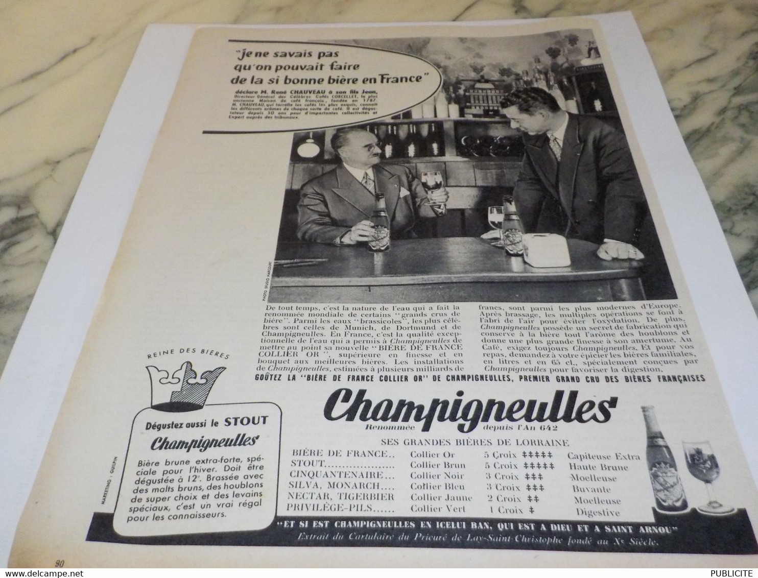 ANCIENNE PUBLICITE BIERE CHAMPIGNEULLES ET RENE CHAUVEAU DES CAFE CORCELLET 1958 - Alcoholes