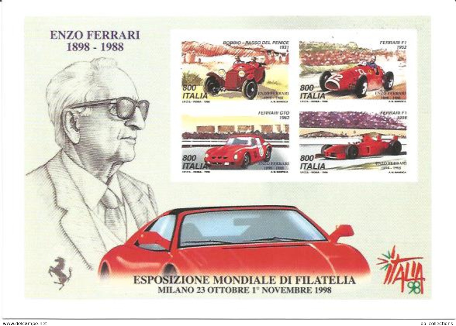 Ferrari Enzo 1898 - 1988, Milano Esposizione Mondiale Di Filatelia 26.10.1998 Giornata Della Ferrari, Poste Italiane. - Sportsmen