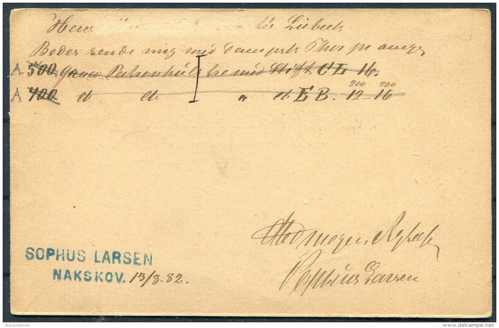 1882 Denmark 10 Ore Stationery Postcard Nakskov - Lubeck, Germany . 43 Numeral - Briefe U. Dokumente