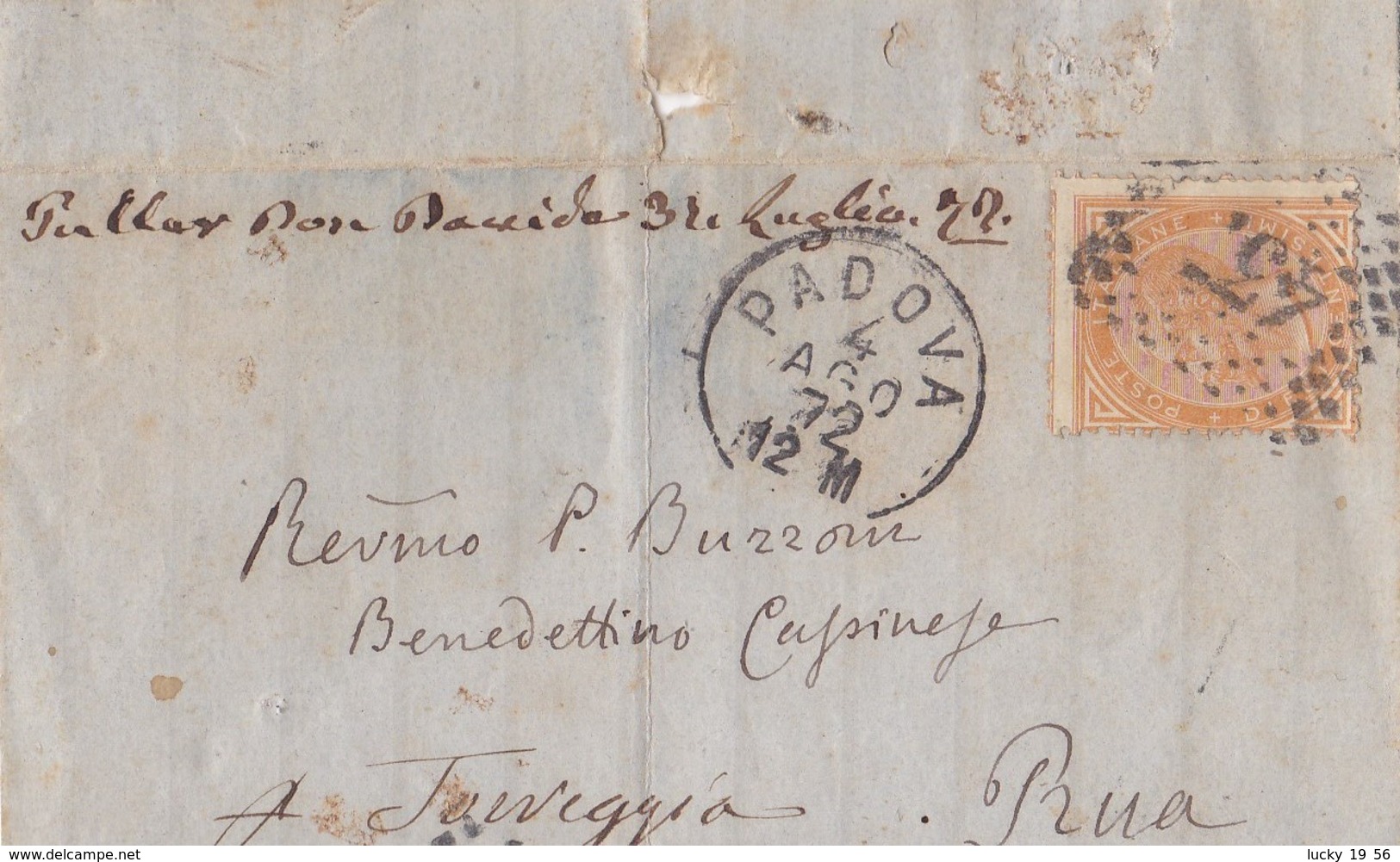1872 Piccolo Piego Da Padova A Torreggia (Torreglia), Annullo D'arrivo Di Battaglia, Non Essendoci Ancora U P A Torregli - Marcophilie
