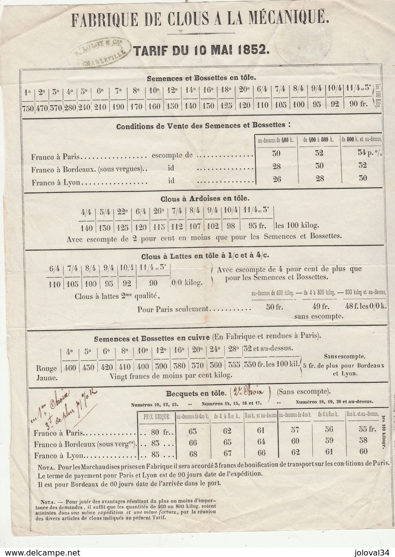Tarif Du 10 Mai 1852 Clous à La Mécanique LOLOT & Cie CHARLEVILLE Ardennes - Cachet Fiscal - 1800 – 1899