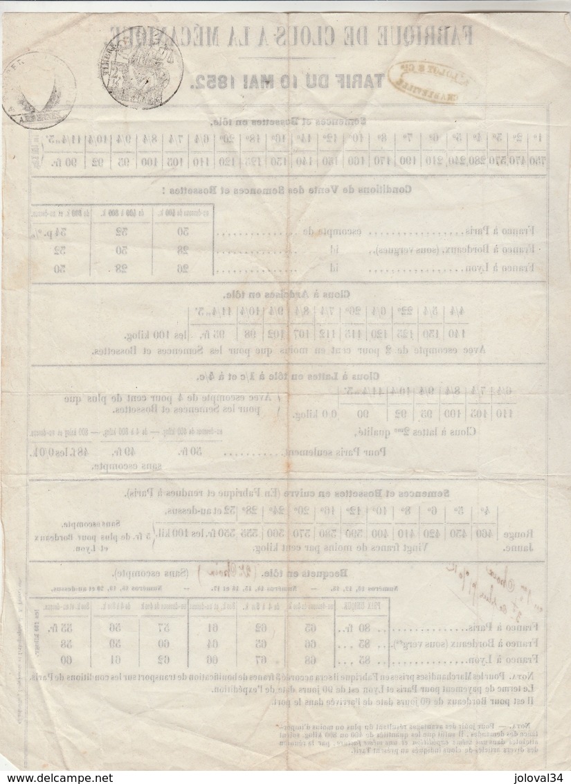 Tarif Du 10 Mai 1852 Clous à La Mécanique LOLOT & Cie CHARLEVILLE Ardennes - Cachet Fiscal - 1800 – 1899