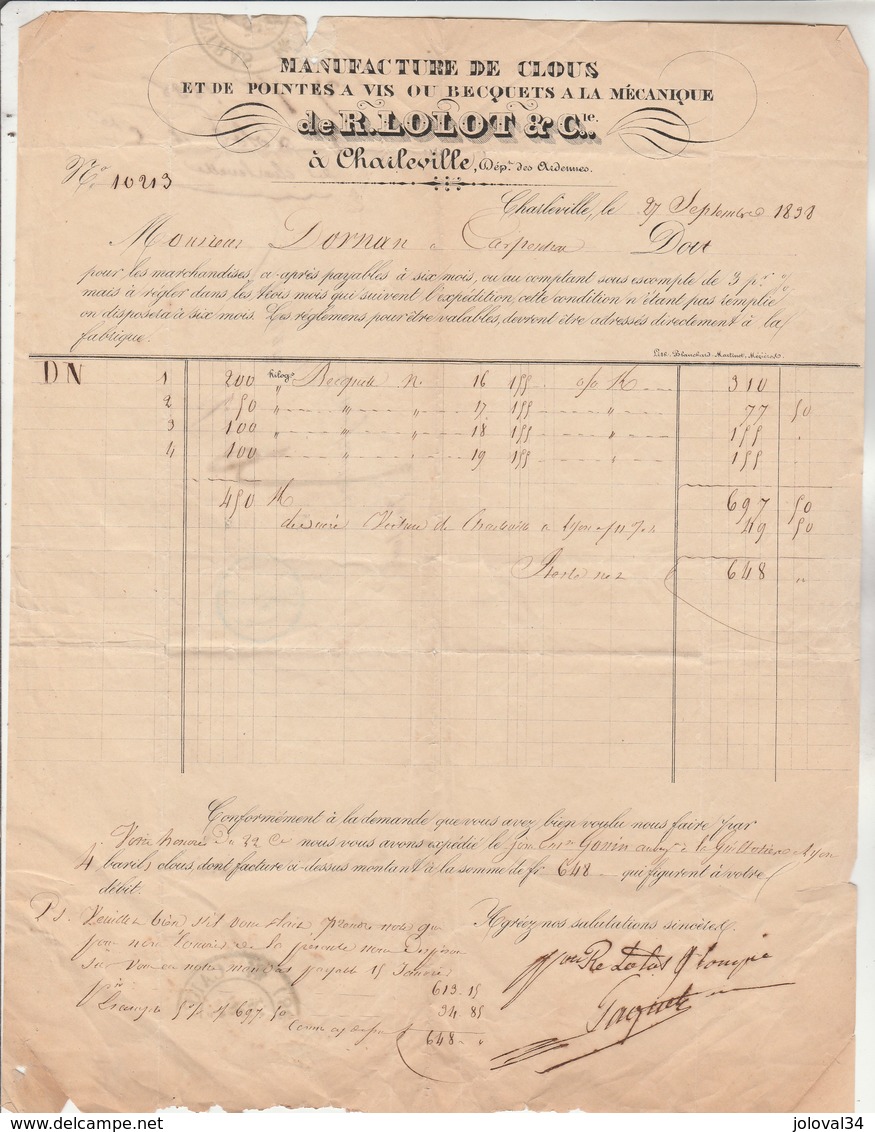 Facture 27/9/1838 LOLOT Clous CHARLEVILLE Ardennes Pour Dornan Carpentras - Cachet Postal - 1800 – 1899