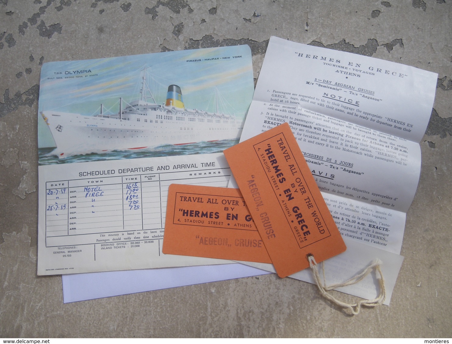 AEGEON CRUISE Ticket Envelope 1959 - Pochette Illustrée Paquebot TSS OLYMPIA Piraeus Halifax New-York - Etats-Unis