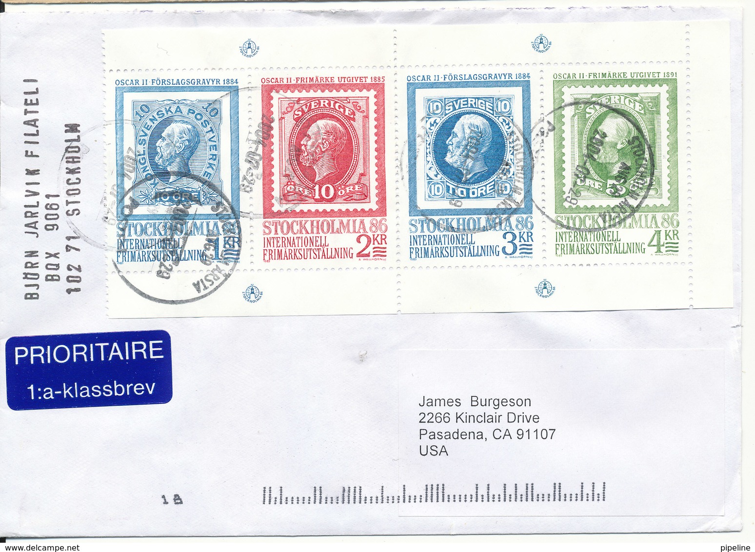 Sweden Cover Sent To USA 29-7-2004 Franked With Stockholmia 86 Minisheet - Covers & Documents