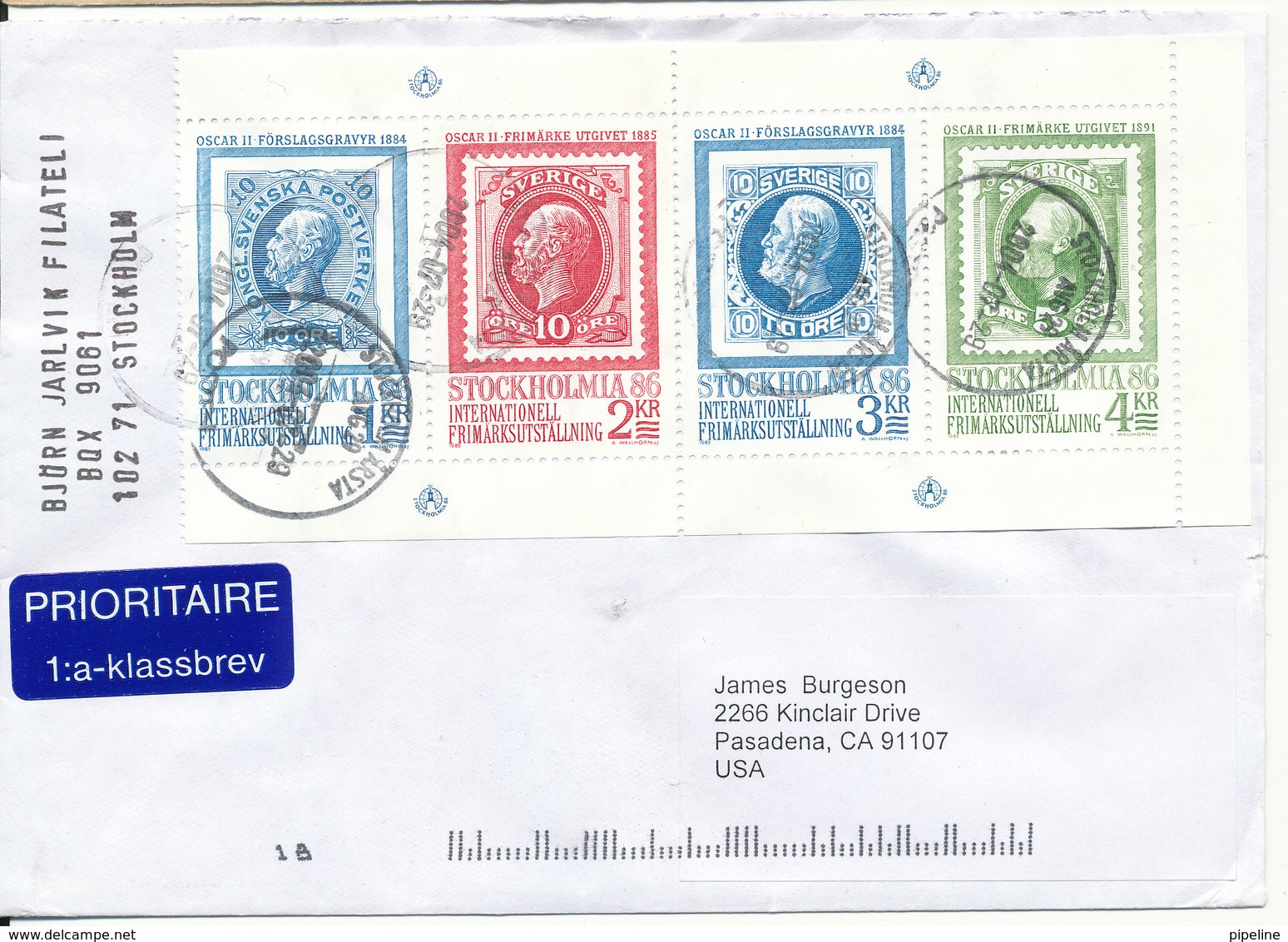 Sweden Cover Sent To USA 29-7-2004 Franked With Stockholmia 86 Minisheet - Briefe U. Dokumente