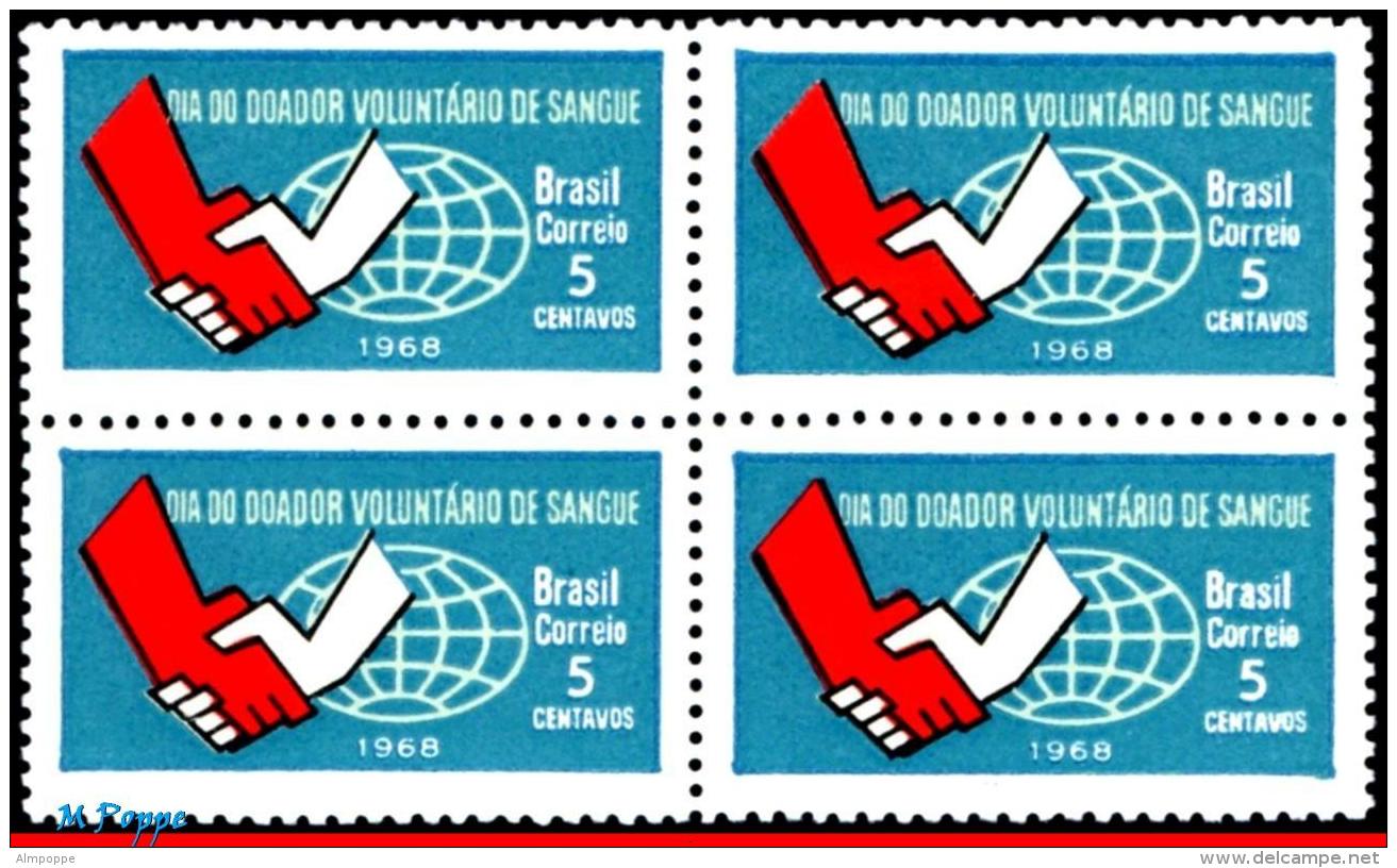 Ref. BR-1108-Q BRAZIL 1968 HEALTH, VOLUNTARY BLOOD DONOR'S, DAY, HANDS, GLOBE, BLOCK MNH 4V Sc# 1108 - Médecine