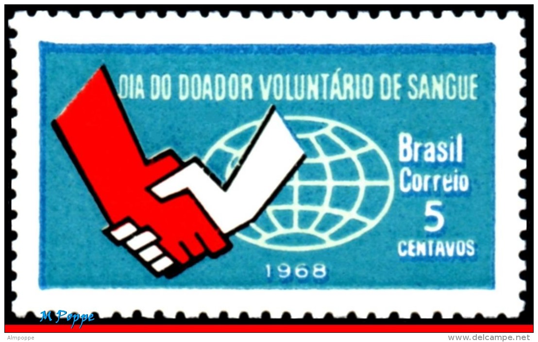 Ref. BR-1108-Q BRAZIL 1968 HEALTH, VOLUNTARY BLOOD DONOR'S, DAY, HANDS, GLOBE, BLOCK MNH 4V Sc# 1108 - Medizin