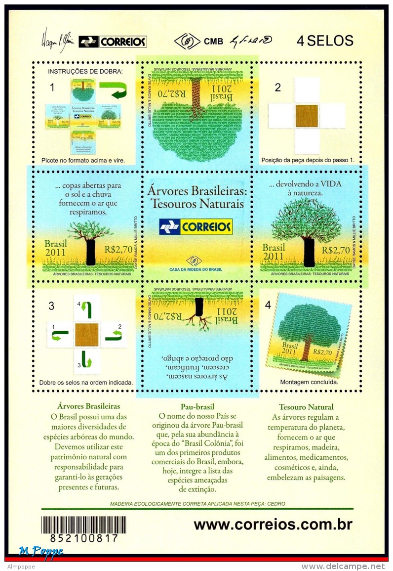 Ref. BR-3190 BRAZIL 2011 FLOWERS, PLANTS, TREE OF BRAZIL, NATURE,, UNUSUAL, MINI SHEET &amp; LABELS,MNH 4V Sc# 3190 - Unused Stamps