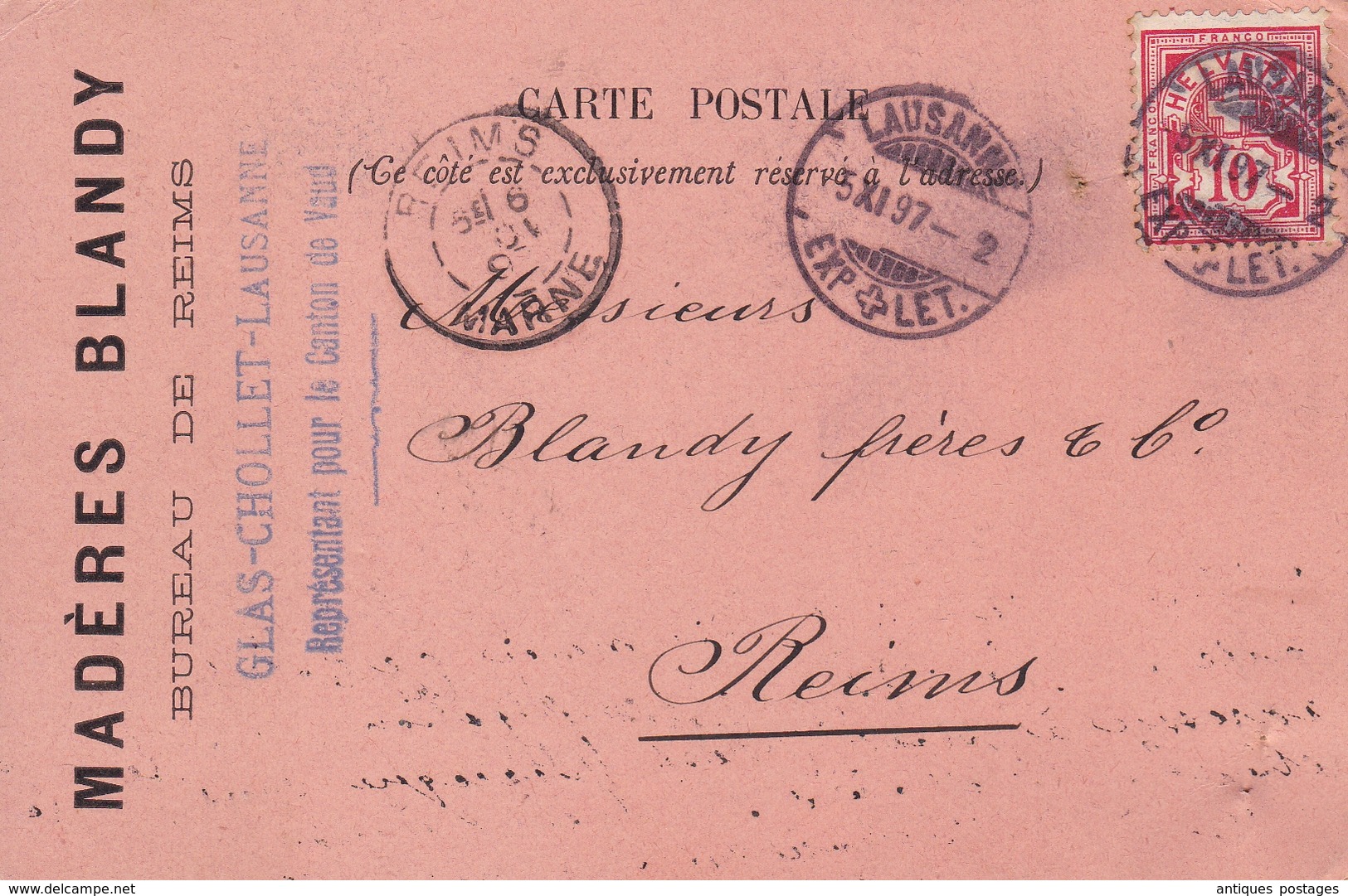 Carte Postale 1897 Lausanne Suisse Madère Blandy Reims Marne Glas Cholet - Lettres & Documents