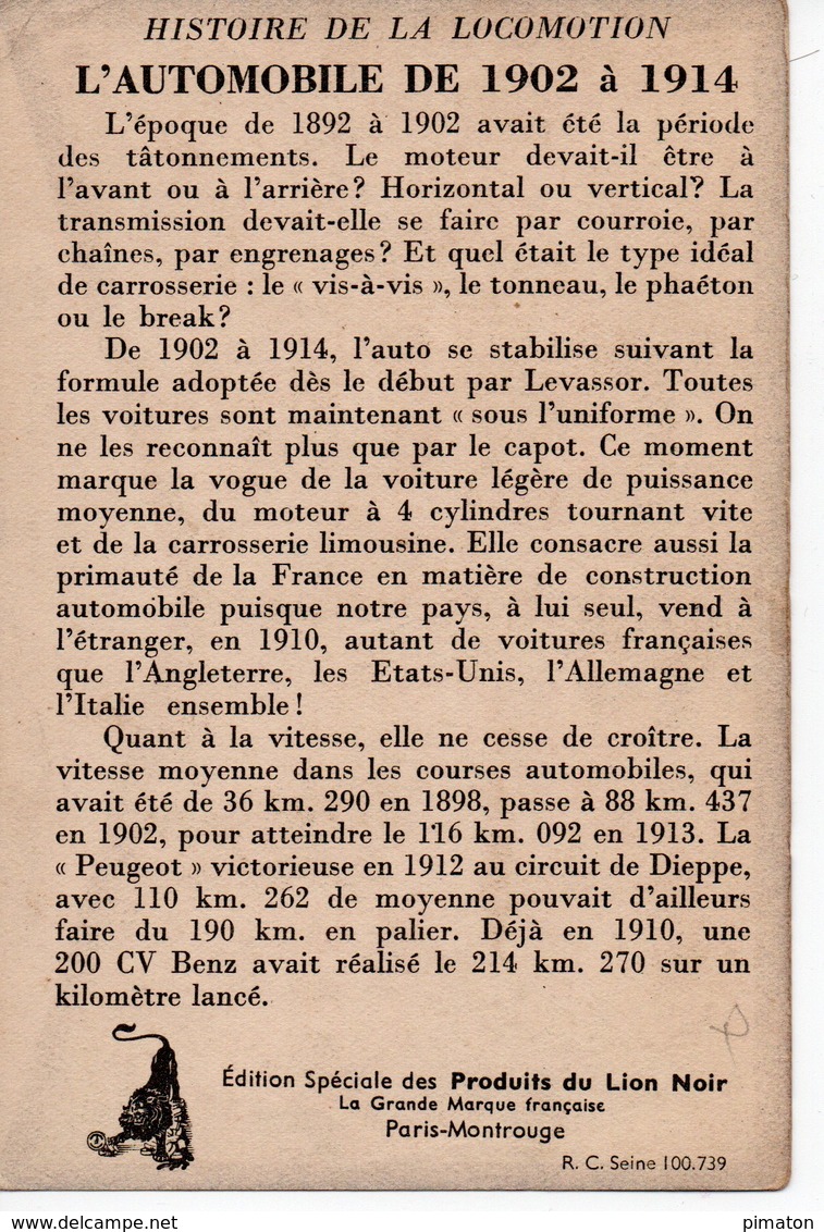 Chromo  - Histoire De La LOCOMOTION - Limousine En 1910  Voiture De Course En 1912 - Voitures