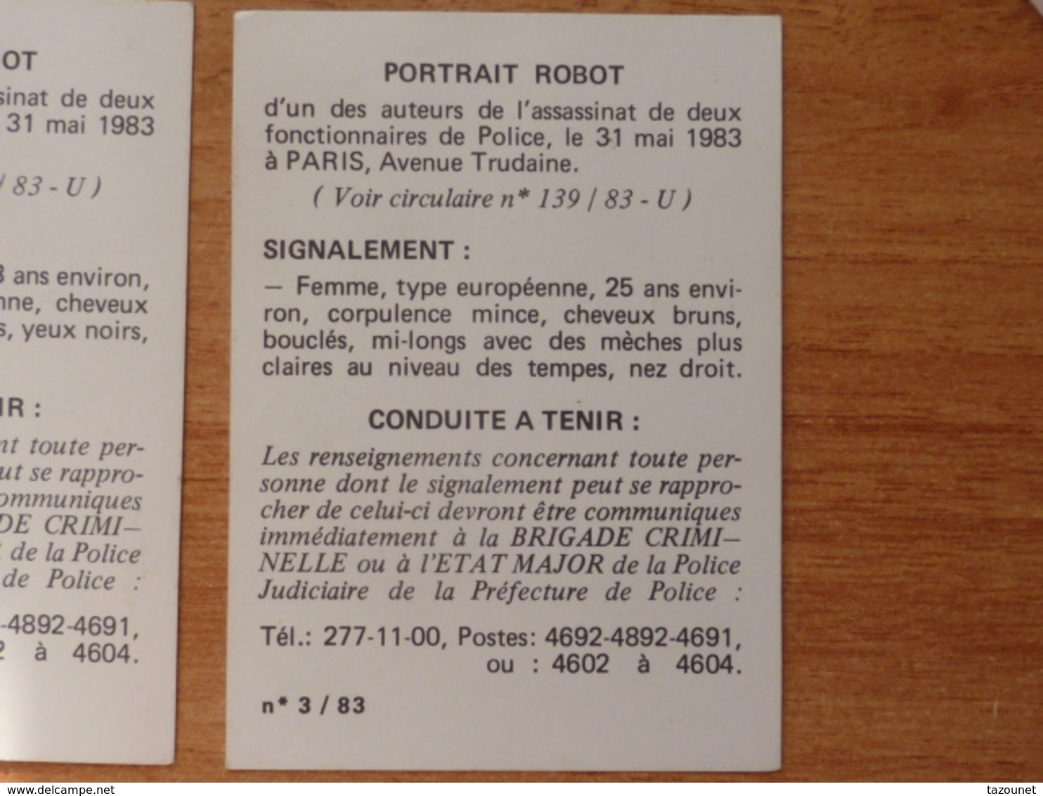 Carte De Portrait Robot De Recherche , 1914-18, 1939-45, Equipements, Uniformes - Police & Gendarmerie