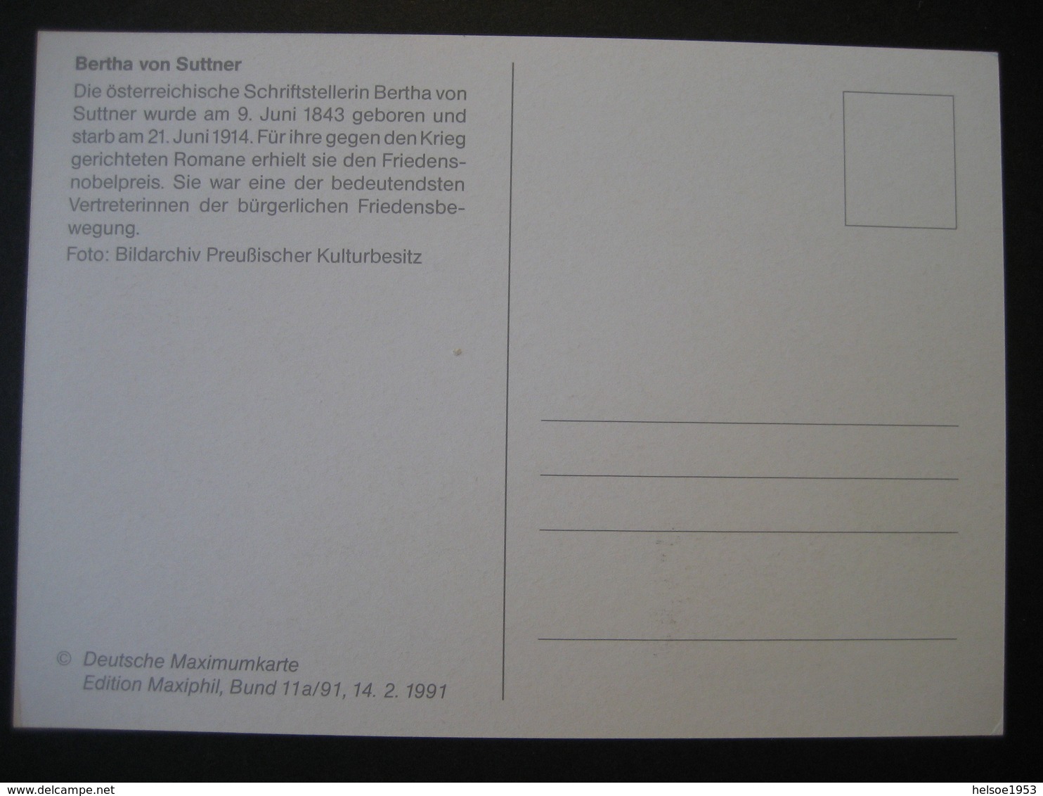 Deutschland BRD Maxicard 1991- FDC Maxicard - Bertha Von Suttner - Sonstige & Ohne Zuordnung