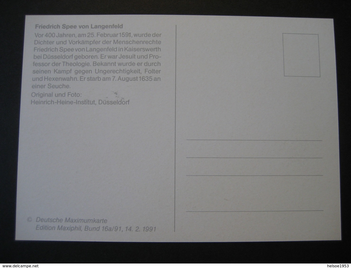 Deutschland BRD Maxicard 1991- FDC Maxicard - Friedrich Spee Von Langenfeld - Andere & Zonder Classificatie