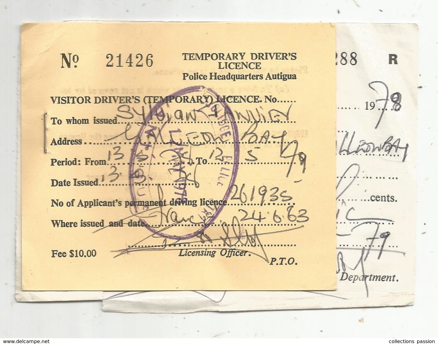 Temporary Driver's Licence , Antigua Et Barbuda , 1978 , Police Headquarters ,Antigua , 3 Cachets , 2 Scans - Ohne Zuordnung