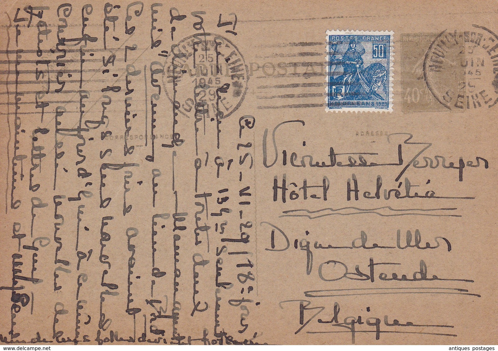 Entier Postal Neuilly Sur Seine 1929 Semeuse 40c + Timbre Jeanne D'Arc Orléans Ostende Belgique - Cartes Postales Repiquages (avant 1995)