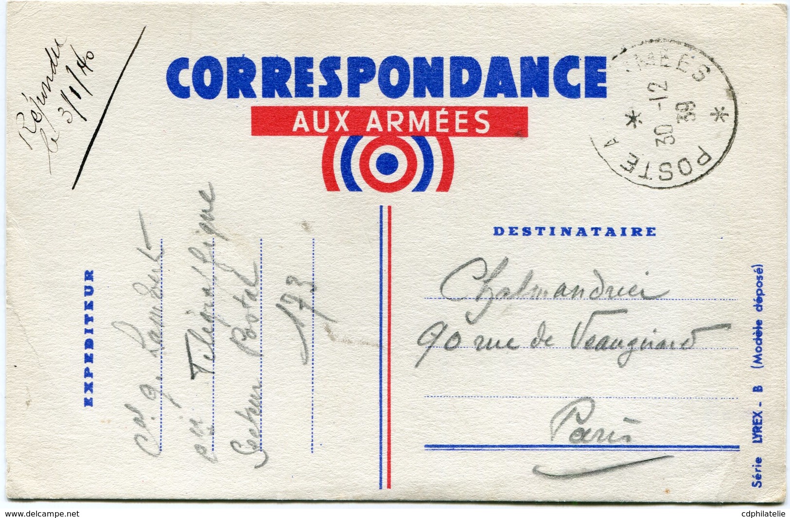 FRANCE CARTE CORRESPONDANCE AUX ARMEES DEPART POSTE AUX ARMEES 30-12-39 - Lettres & Documents