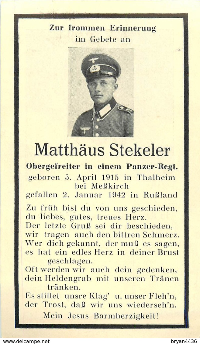 Matthäus STEKELER -  OBERGEFREITER IN EINEM PANZER-REGT. TUE LE 02 JANVIER 1942 EN RUSSIE - CARTE IN MEMORIAM - War 1939-45