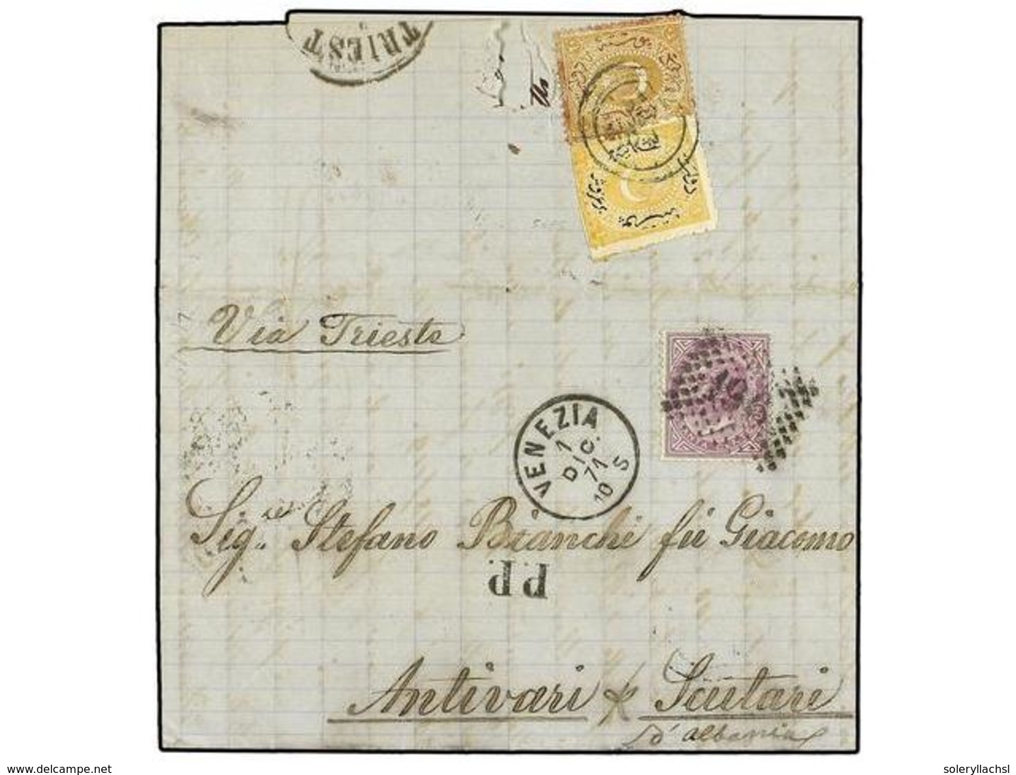2 ALBANIA. 1871. Incoming Letter From VENICE To SCUTARI, Franked With <B>60c. </B>lilac (1863-65 Issue) Tied By <B>DOTTE - Autres & Non Classés