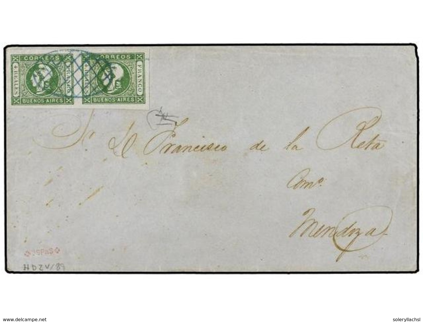 3 ARGENTINA. Sc.9 (2). 1859. BUENOS AIRES A MENDOZA.<B> 4 Reales</B> Verde S. Azulado, Pareja. MAGNÍFICA. - Other & Unclassified