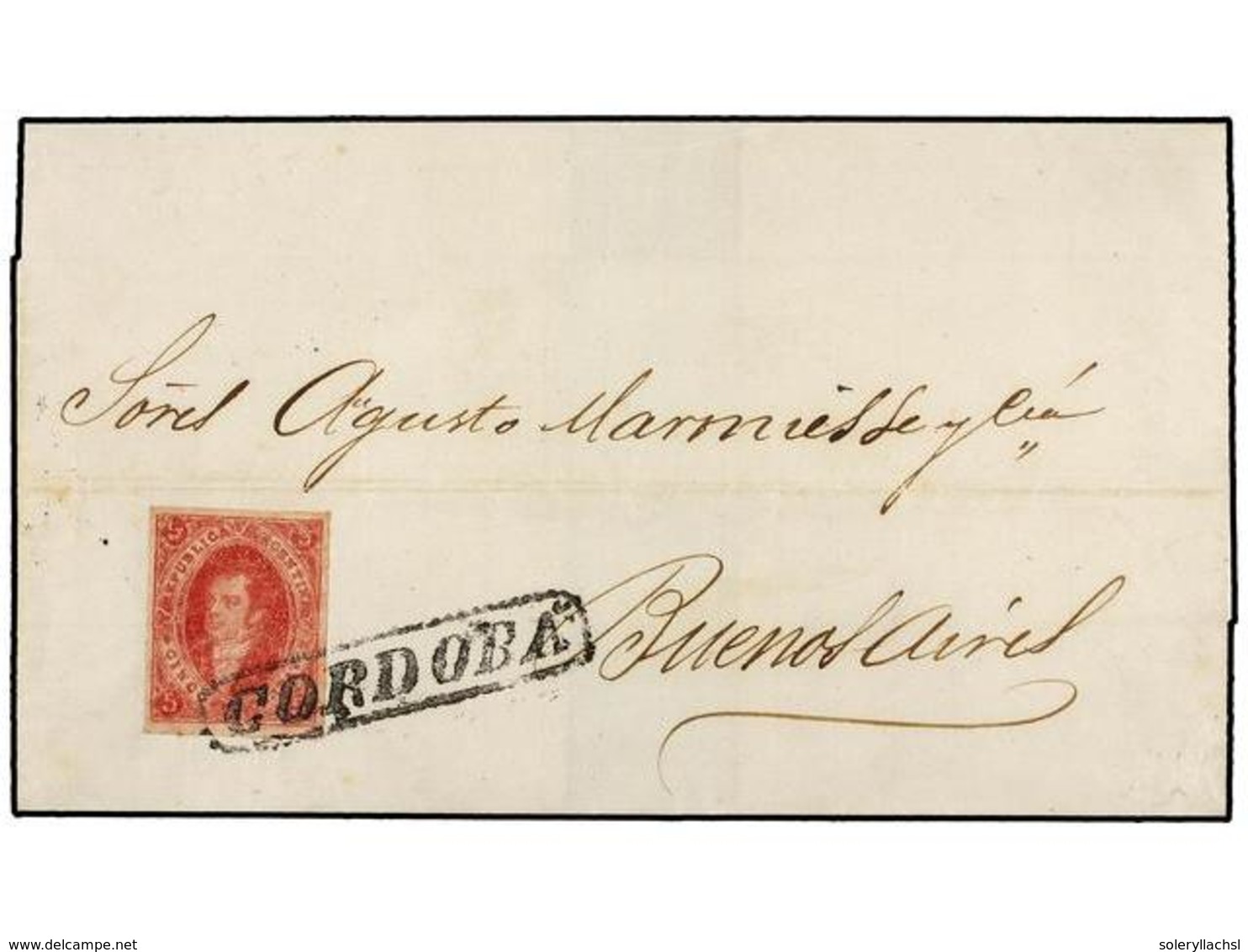 7 ARGENTINA. 1865 (30 Abril). CÓRDOBA A BUENOS AIRES. <B>5 Cts.</B> Rojo, Mat. Lineal <B>CORDOBA.</B> MAGNÍFICA. - Altri & Non Classificati