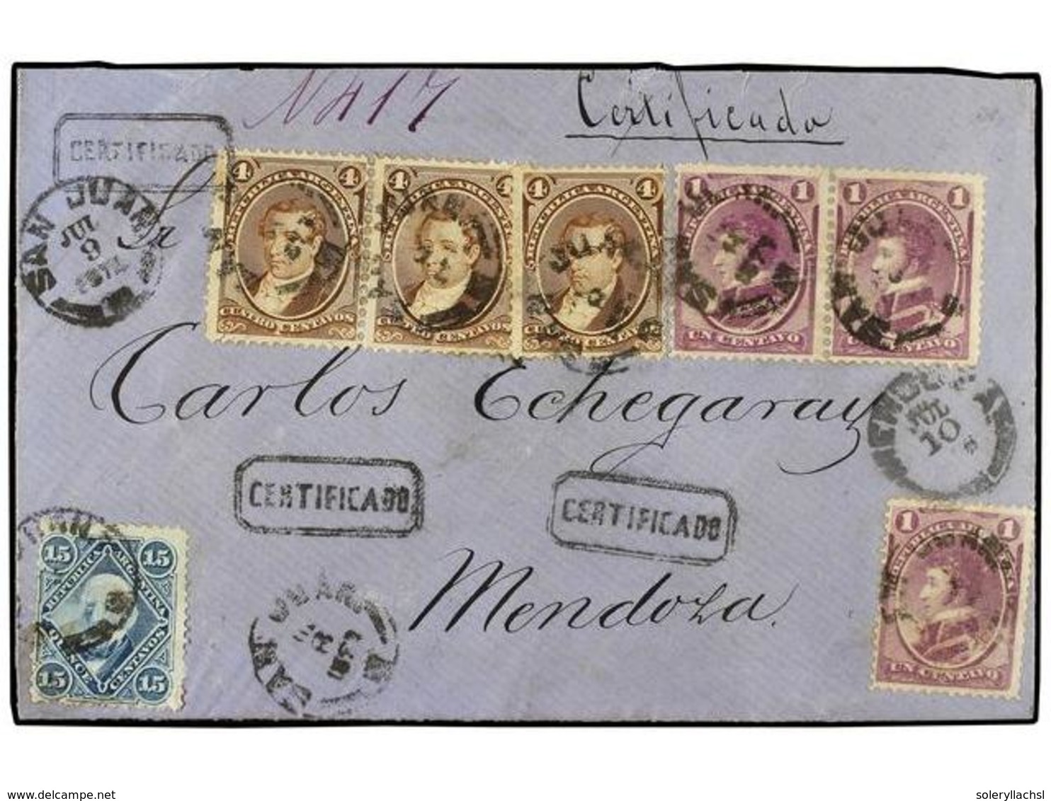 9 ARGENTINA. Sc.19, 22 (3), 23 (3). 1872 (9 Julio). SAN JUAN A MENDOZA. <B>1 Ctvo.</B> Lila (3), <B>4 Ctvos.</B> Castaño - Autres & Non Classés