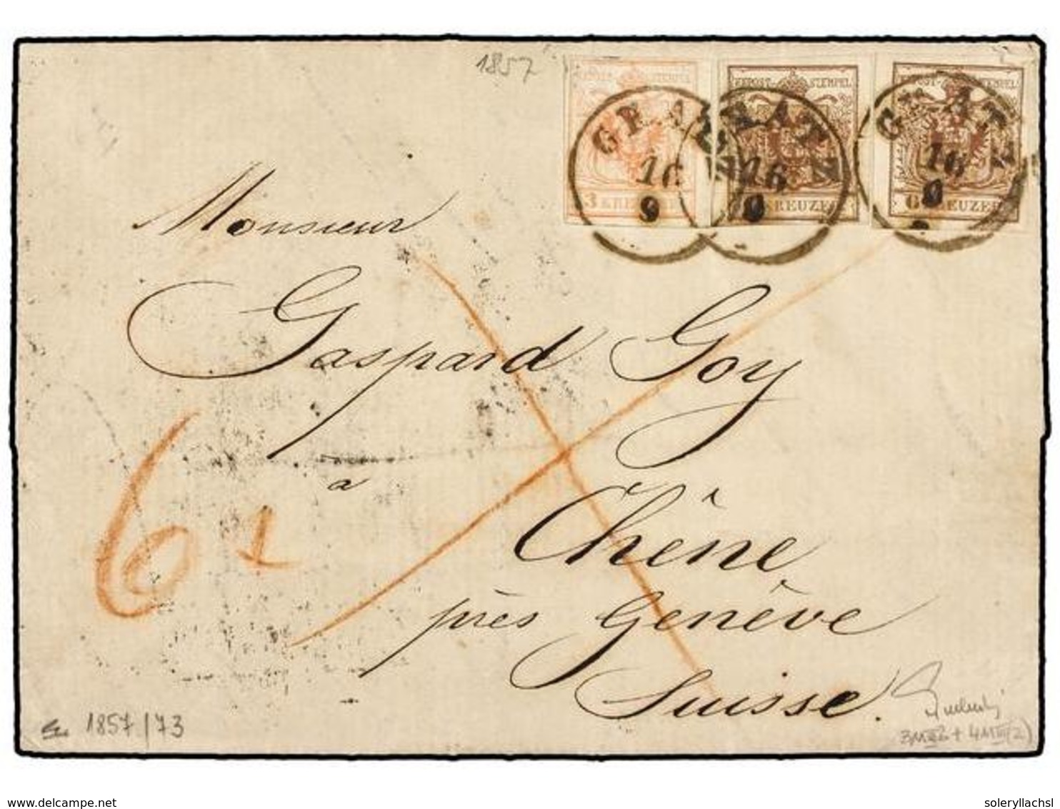 11 AUSTRIA. Mi.3Ya, 4Ya. 1857 (Sept. 16). Entire Letter To CHÊNE (near Geneva Switzerland) Franked By 1850-54 Machine Pa - Andere & Zonder Classificatie